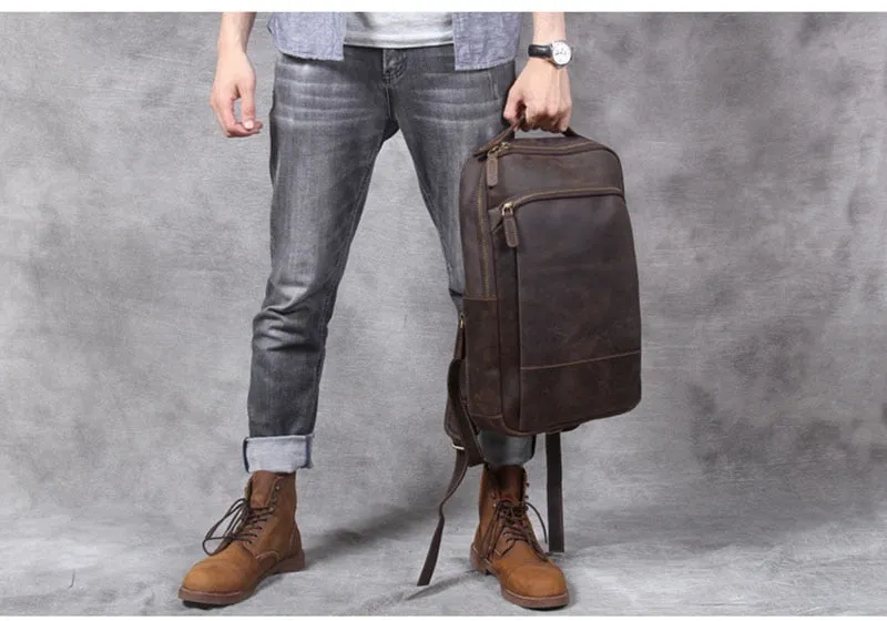 Realaiot Vintage Men's Crazy Horse Leather Backpack genuine leather Retro Rucksack Large Classic Travel Backpack Big laptop computer bag