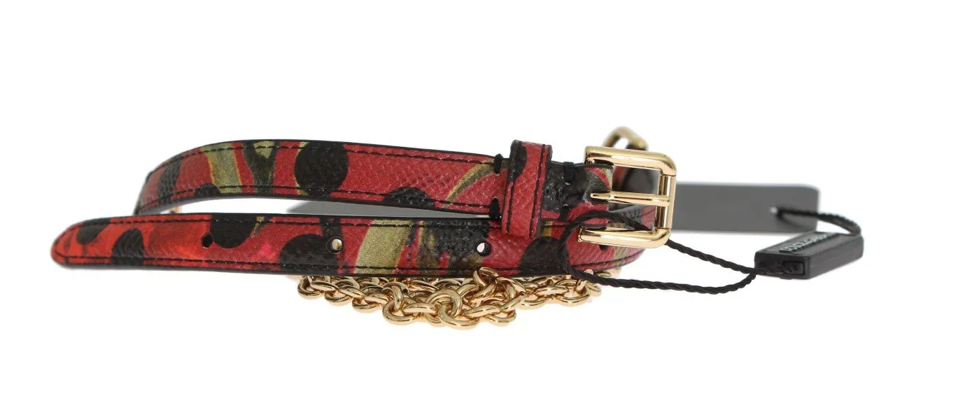 Red Polka Dot Leather Thin Gold Chain Belt