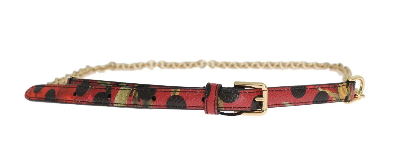 Red Polka Dot Leather Thin Gold Chain Belt