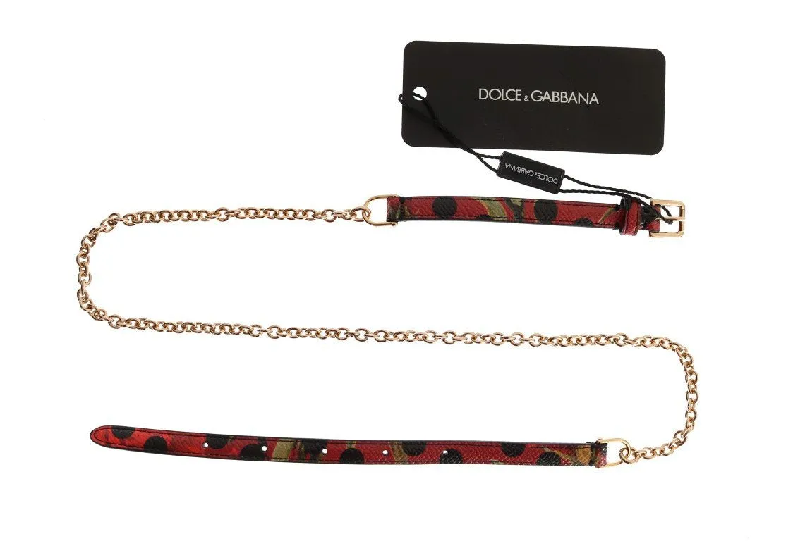 Red Polka Dot Leather Thin Gold Chain Belt