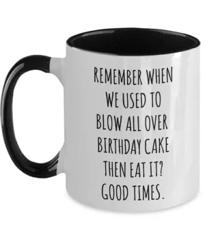 Remember When We Used to Blow All Over Birthday Cake Then Eat It? Good Times. Two-Tone Mug Coffee Cup Funny Gift