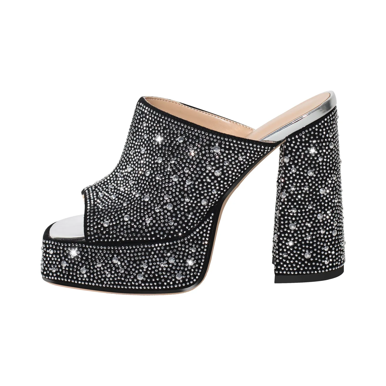 Rhinestone Platform Chunky Heel Slip-on Mule Sandals