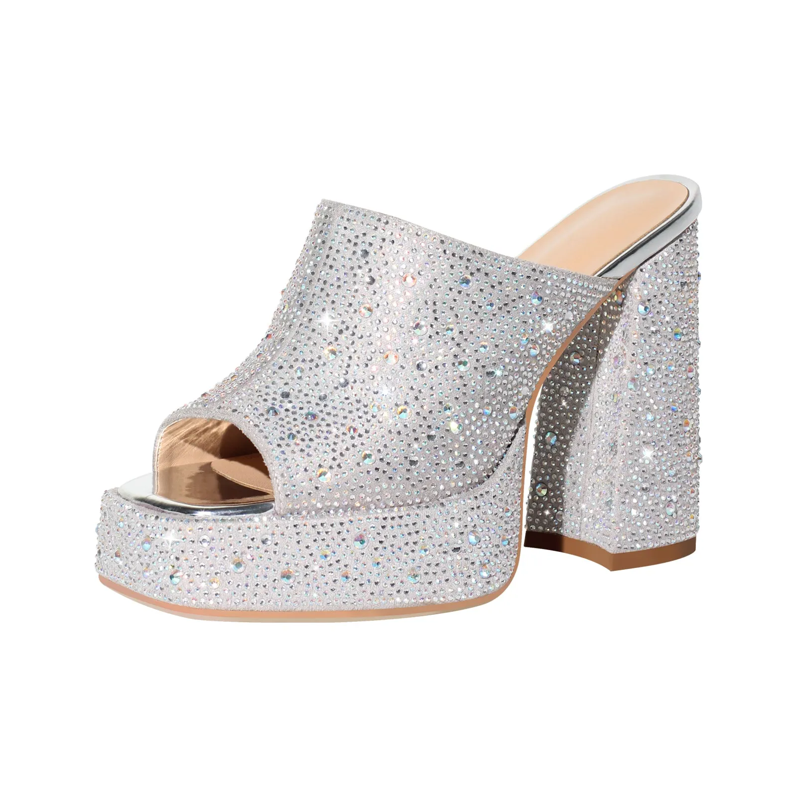 Rhinestone Platform Chunky Heel Slip-on Mule Sandals