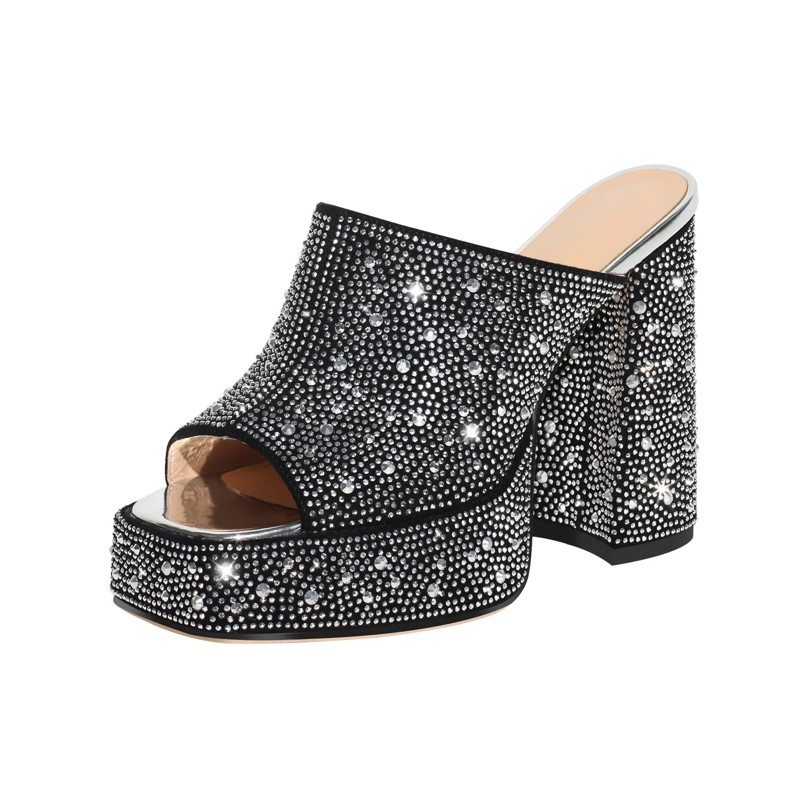 Rhinestone Platform Chunky Heel Slip-on Mule Sandals