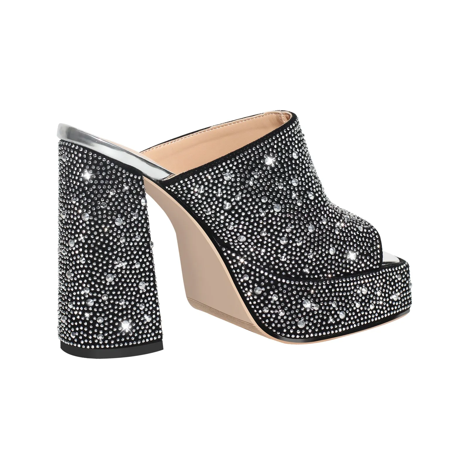 Rhinestone Platform Chunky Heel Slip-on Mule Sandals