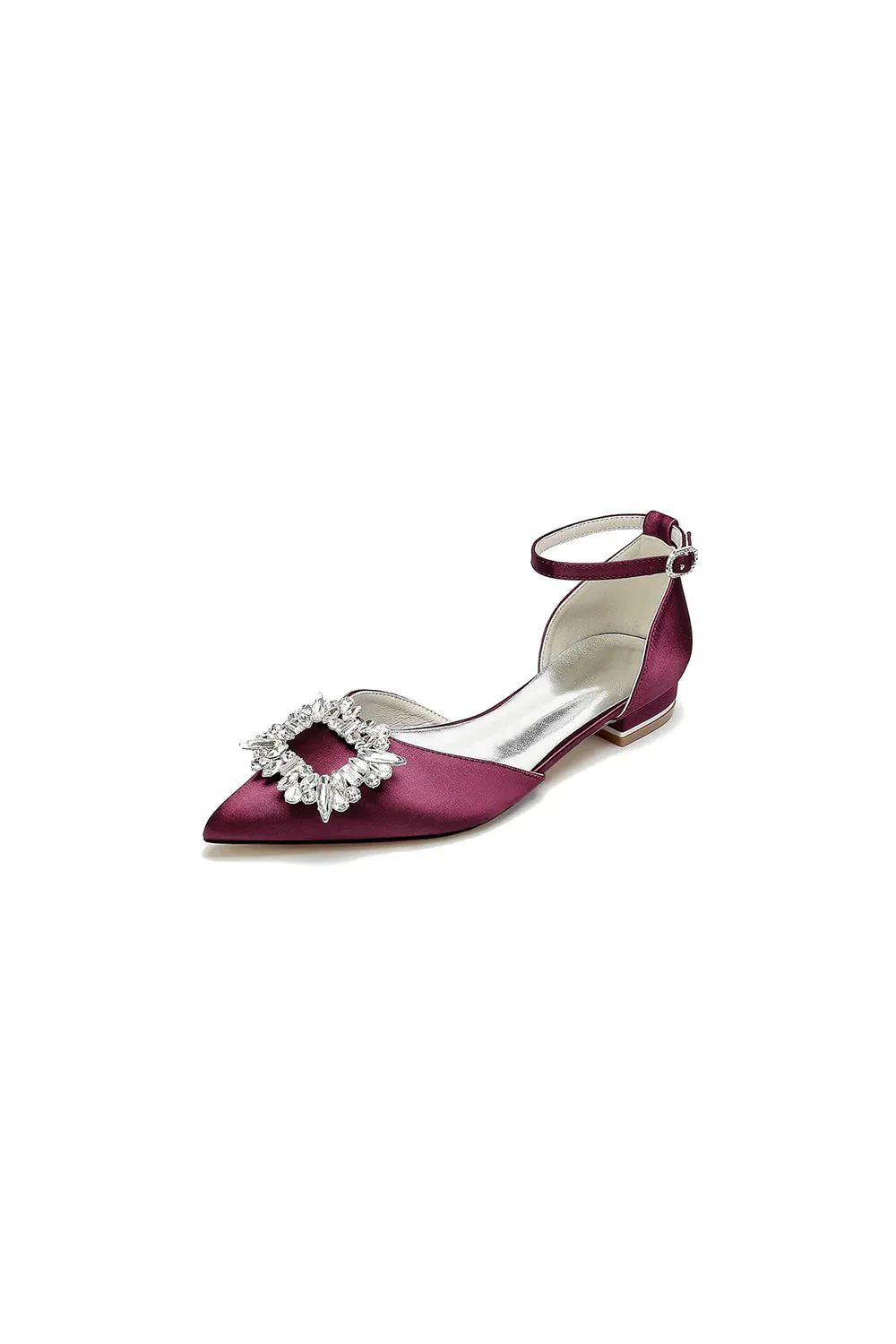Rhinestone Pointed Toe Ankle Strap Satin Kitten Heels