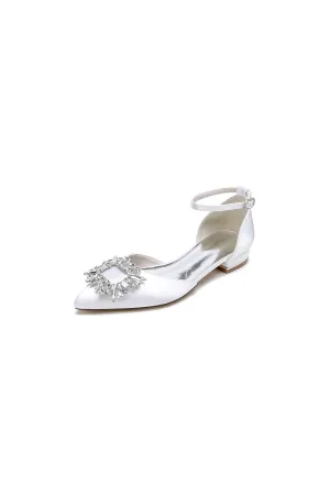 Rhinestone Pointed Toe Ankle Strap Satin Kitten Heels