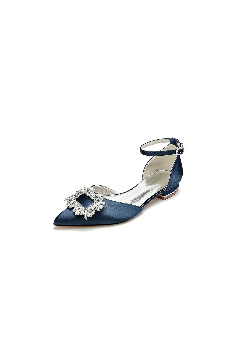 Rhinestone Pointed Toe Ankle Strap Satin Kitten Heels