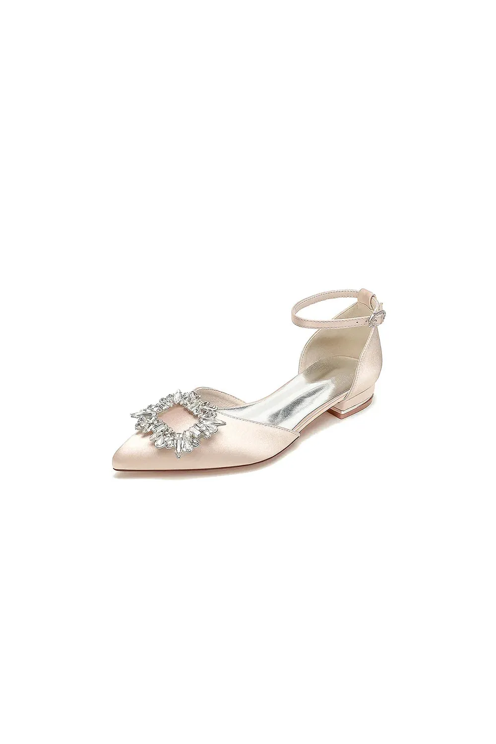 Rhinestone Pointed Toe Ankle Strap Satin Kitten Heels