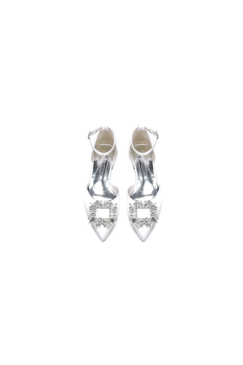 Rhinestone Pointed Toe Ankle Strap Satin Kitten Heels