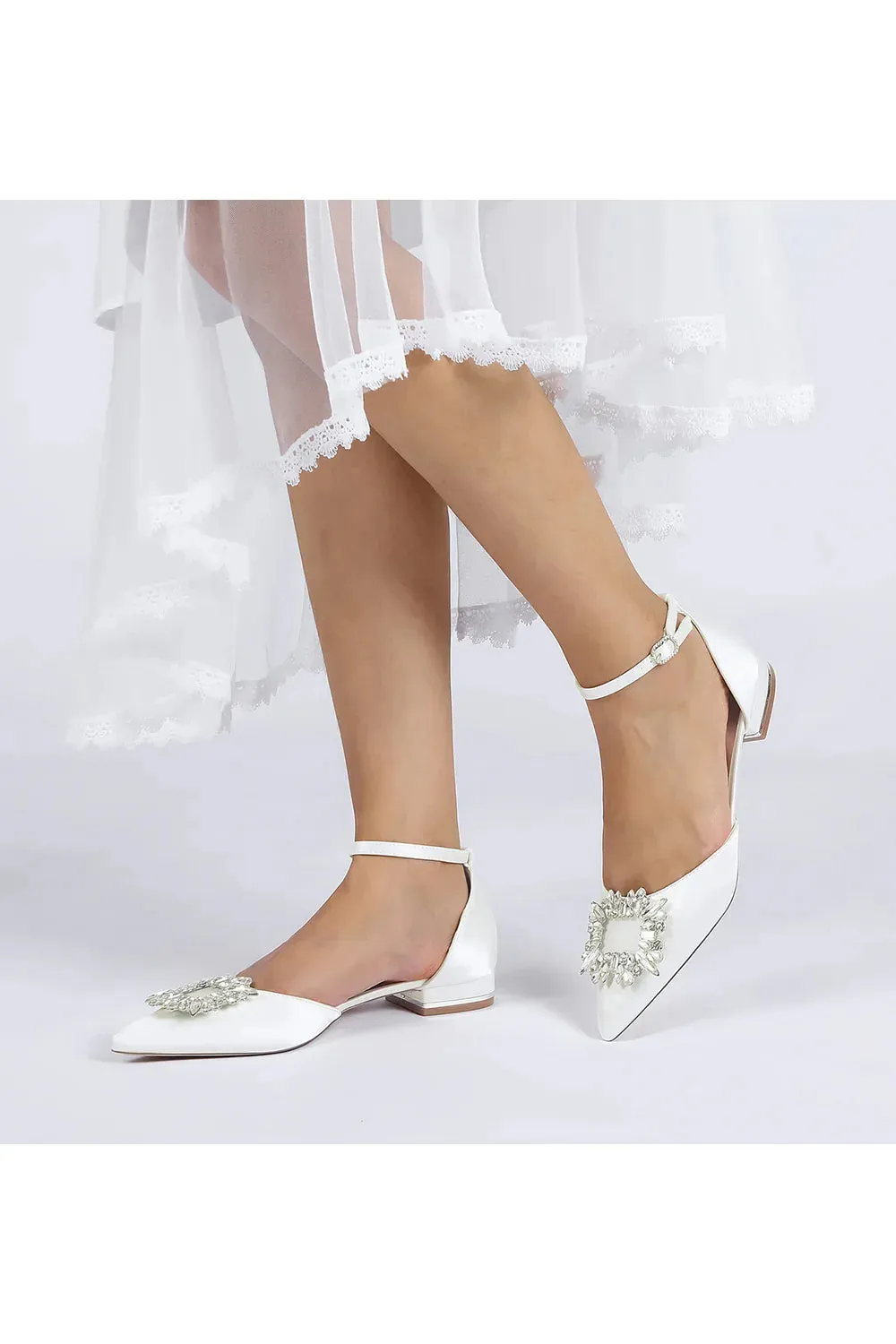 Rhinestone Pointed Toe Ankle Strap Satin Kitten Heels