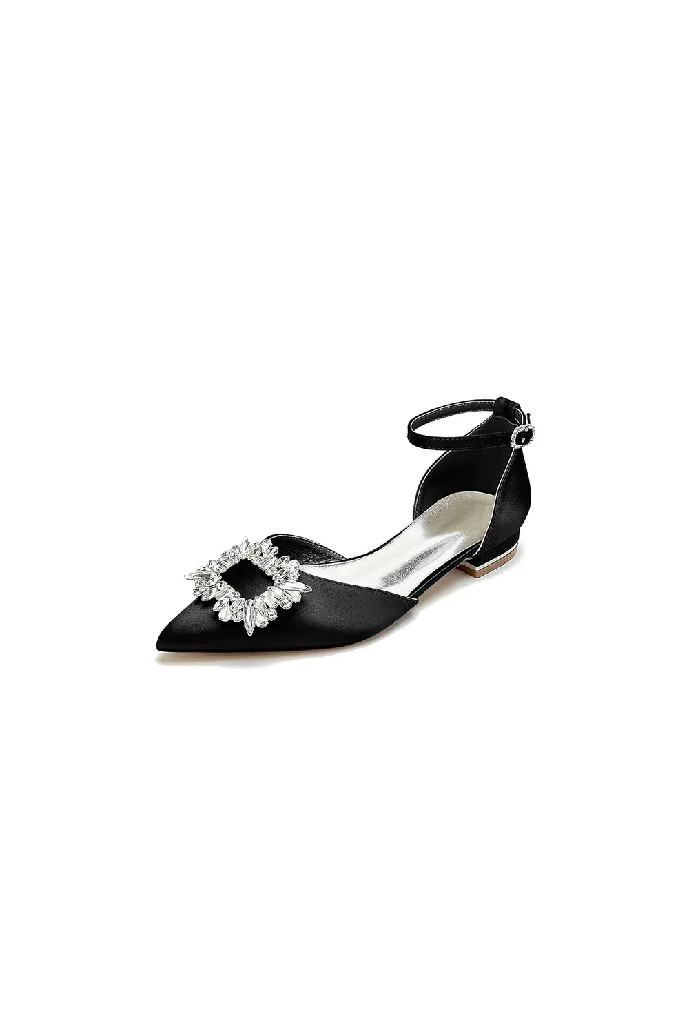 Rhinestone Pointed Toe Ankle Strap Satin Kitten Heels