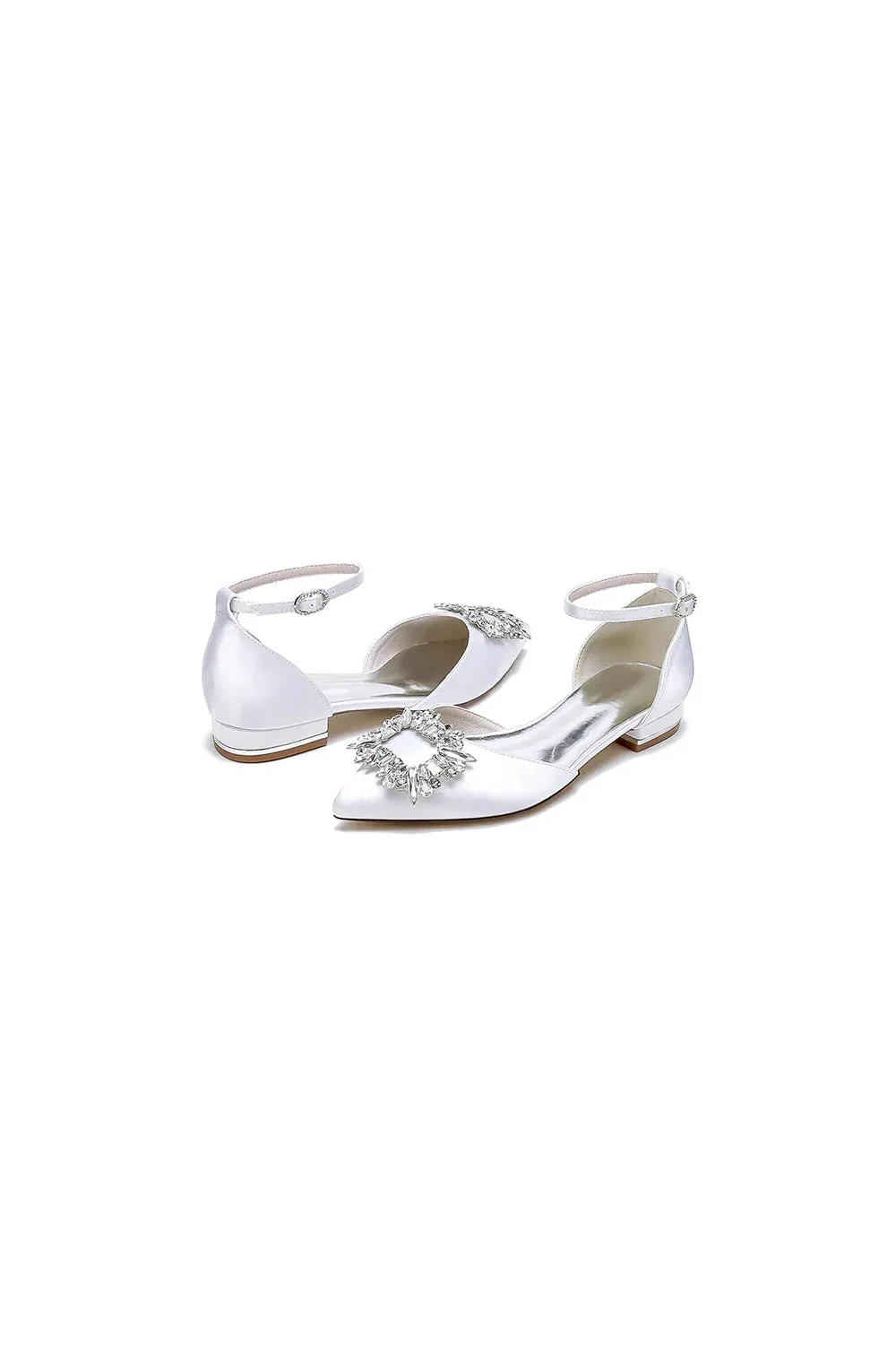Rhinestone Pointed Toe Ankle Strap Satin Kitten Heels