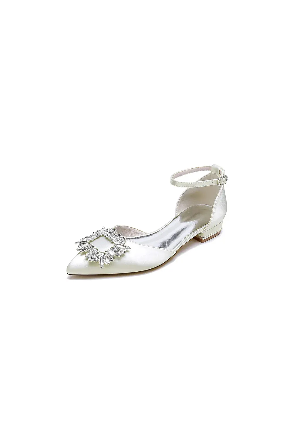 Rhinestone Pointed Toe Ankle Strap Satin Kitten Heels