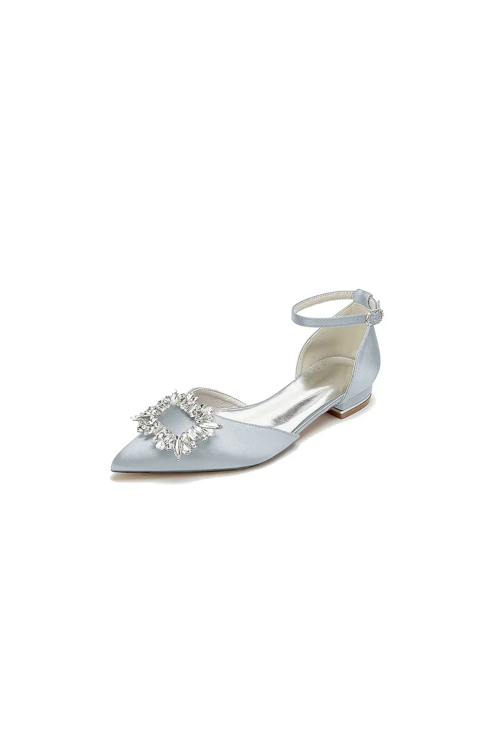 Rhinestone Pointed Toe Ankle Strap Satin Kitten Heels