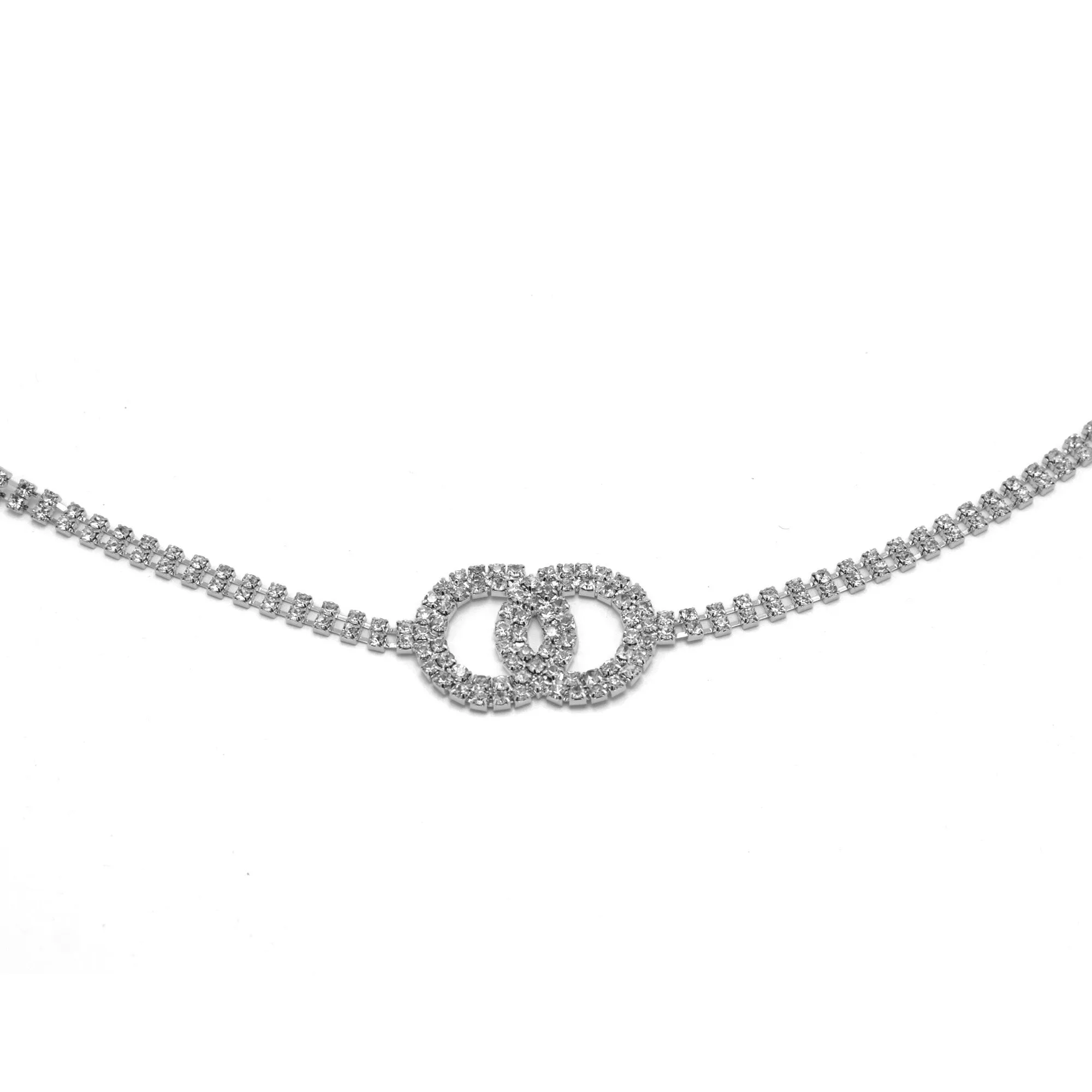 RHODIUM TWO CIRCLE RHINESTONE CRYSTAL WAIST CHAIN BELT # HNB90671RH(KNF5)