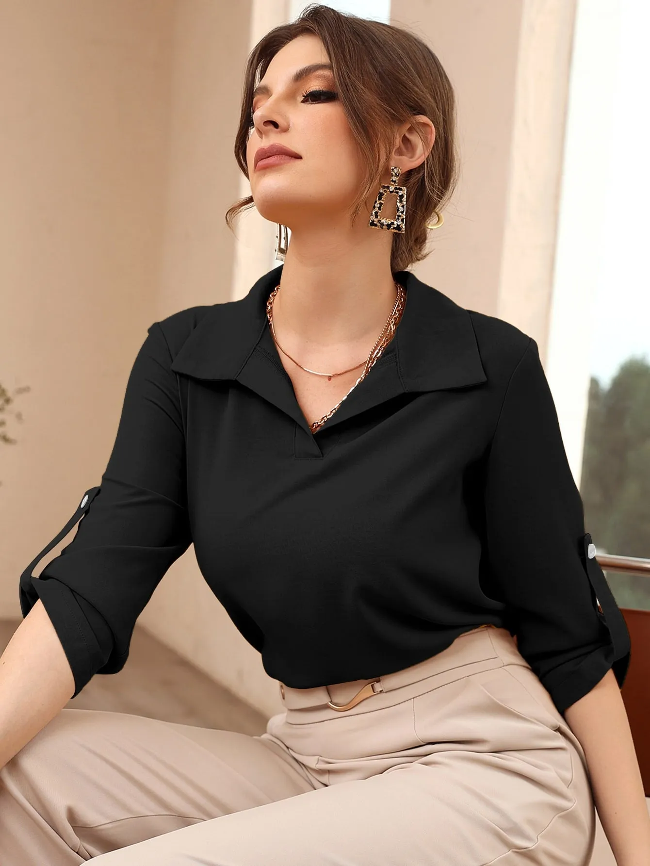 Roll-up Sleeve Solid Blouse( CLEARANCE SALE