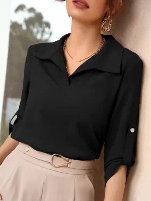 Roll-up Sleeve Solid Blouse( CLEARANCE SALE