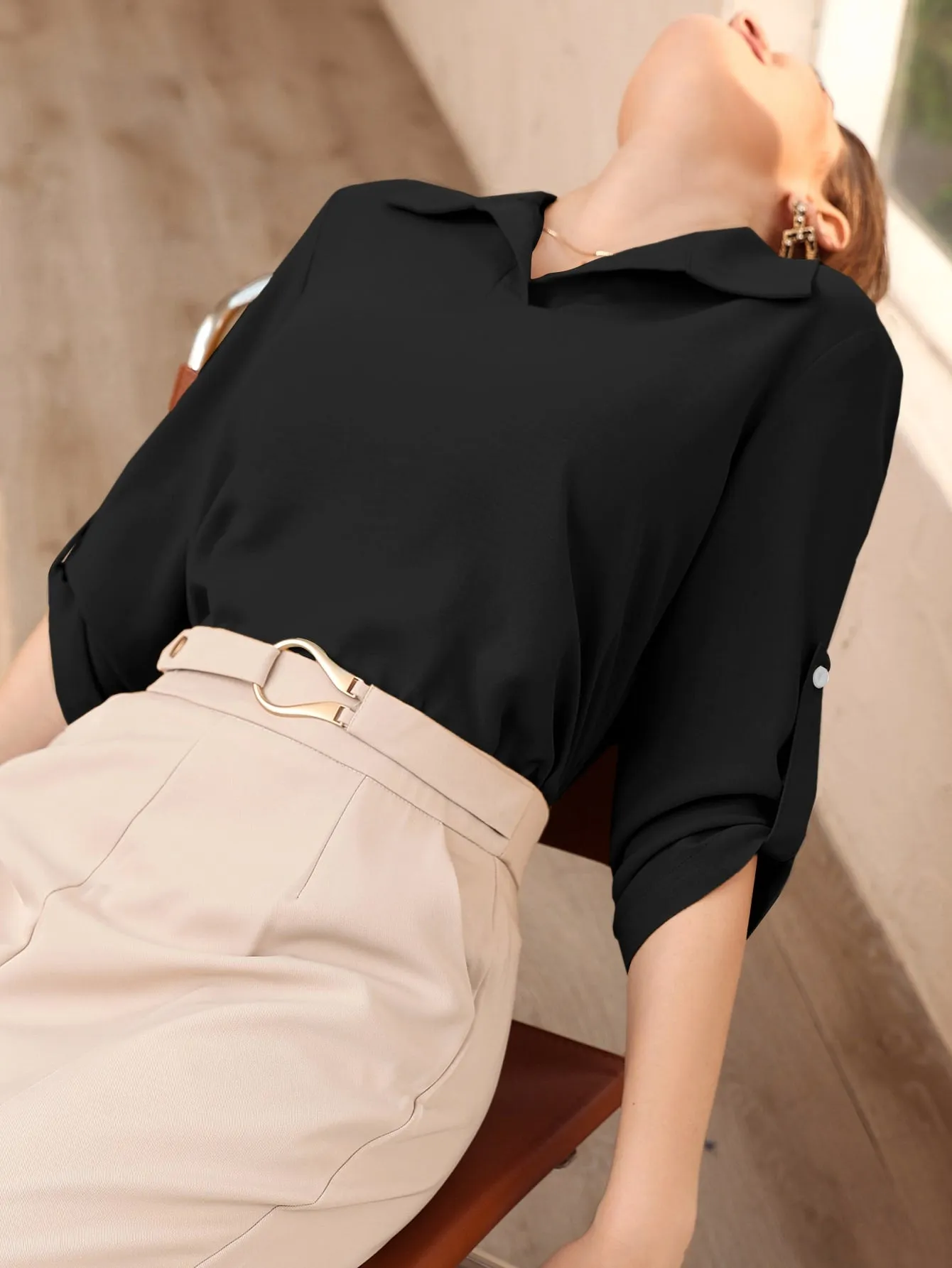 Roll-up Sleeve Solid Blouse( CLEARANCE SALE