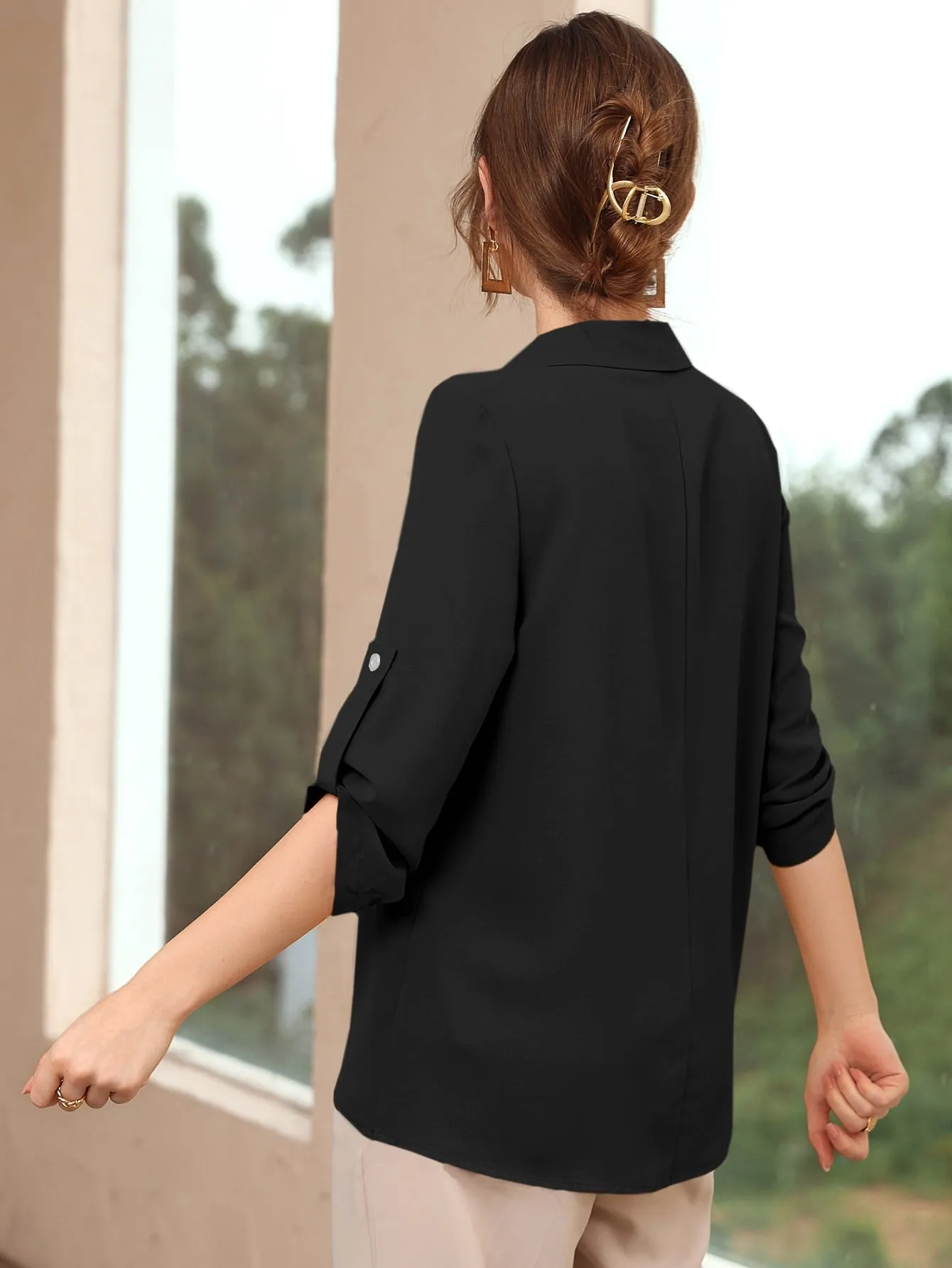Roll-up Sleeve Solid Blouse( CLEARANCE SALE