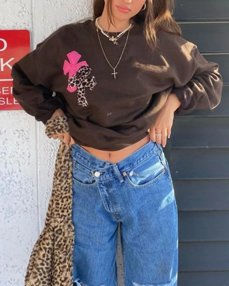Round Neck Floral Printed Shirts Blouses Sweatshirts