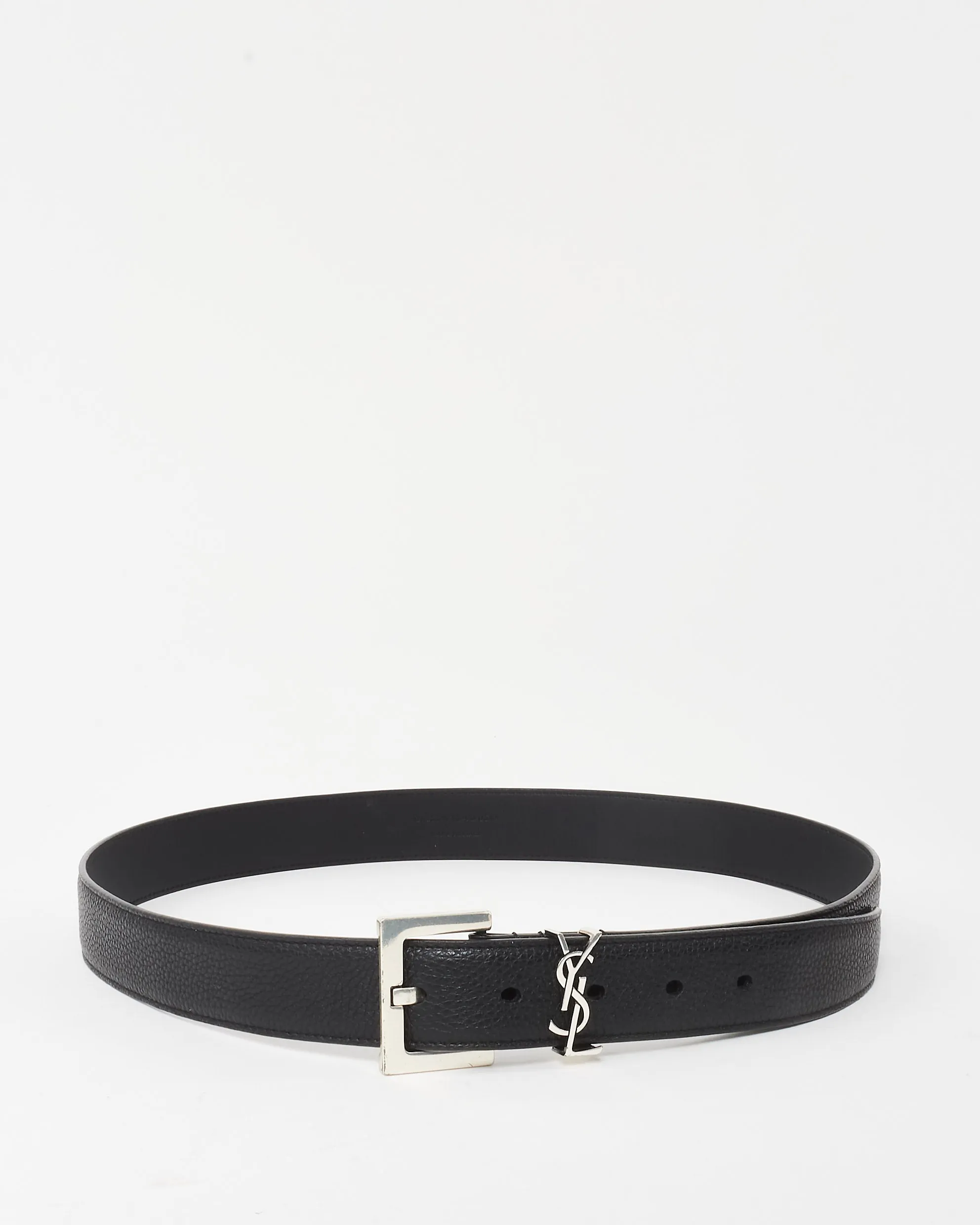 Saint Laurent Black Leather Cassandre YSL Logo Belt SHW - 90