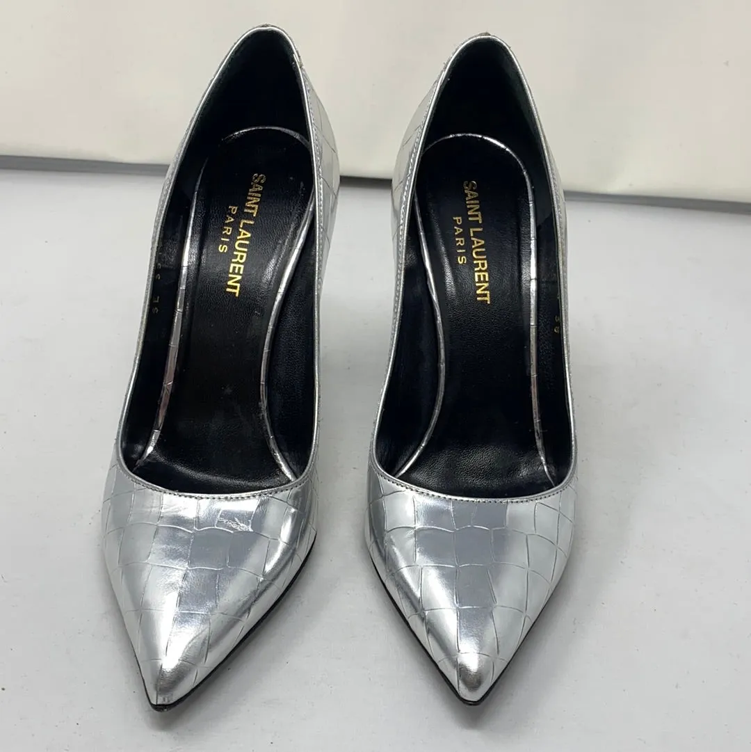 Saint Laurent Silver Metallic Lambskin Croc Embossed Pump