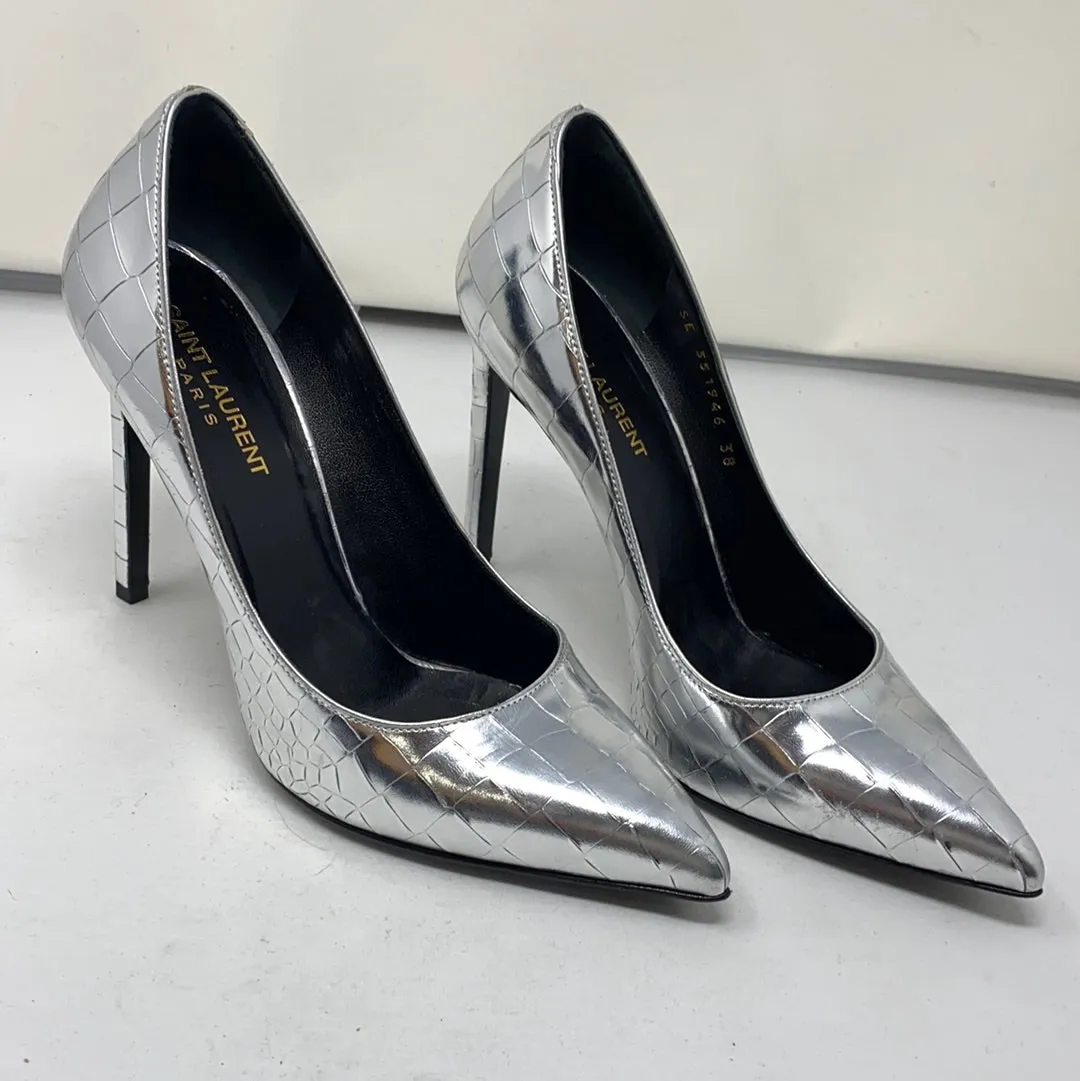 Saint Laurent Silver Metallic Lambskin Croc Embossed Pump
