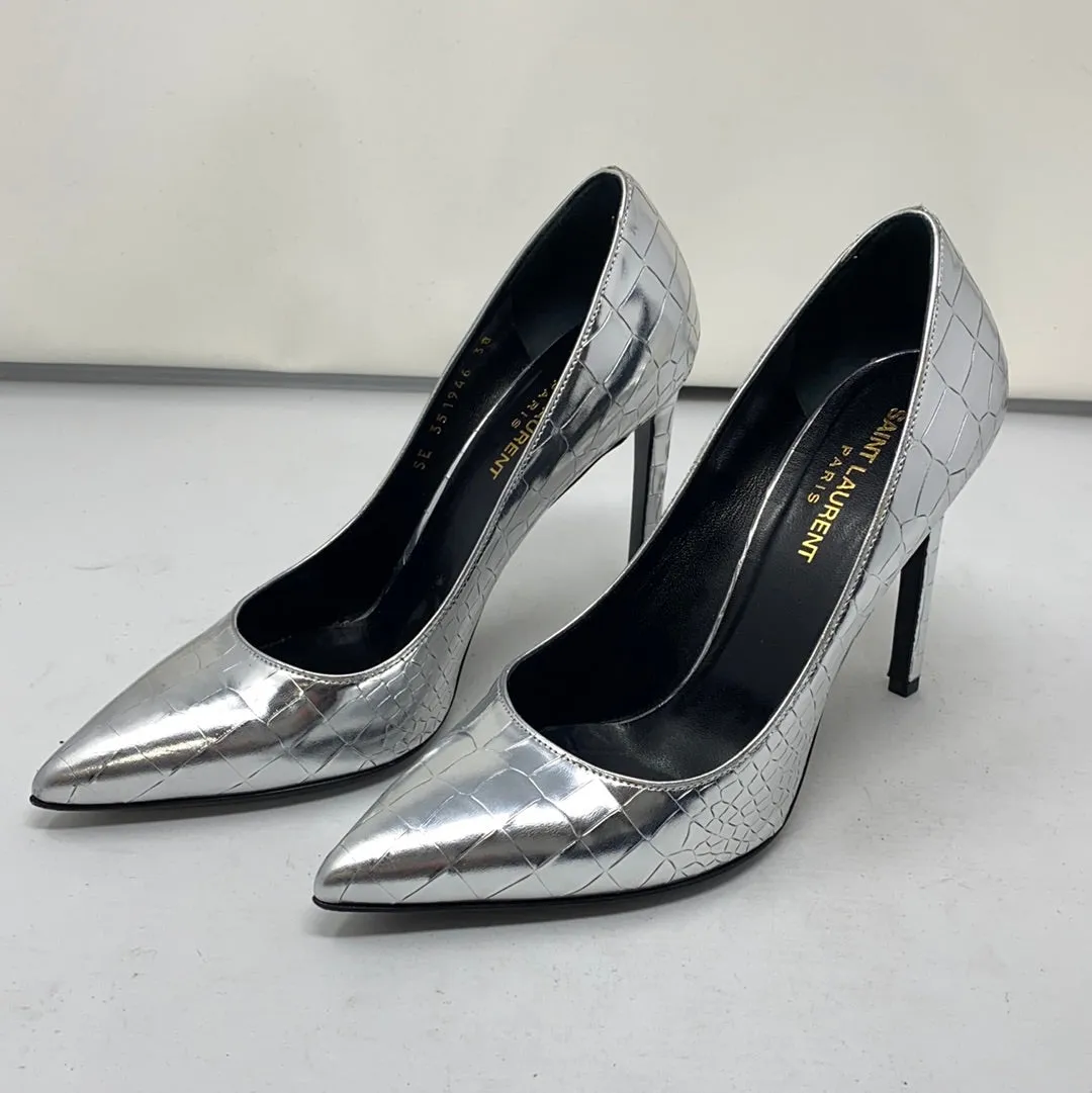 Saint Laurent Silver Metallic Lambskin Croc Embossed Pump