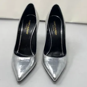Saint Laurent Silver Metallic Lambskin Croc Embossed Pump