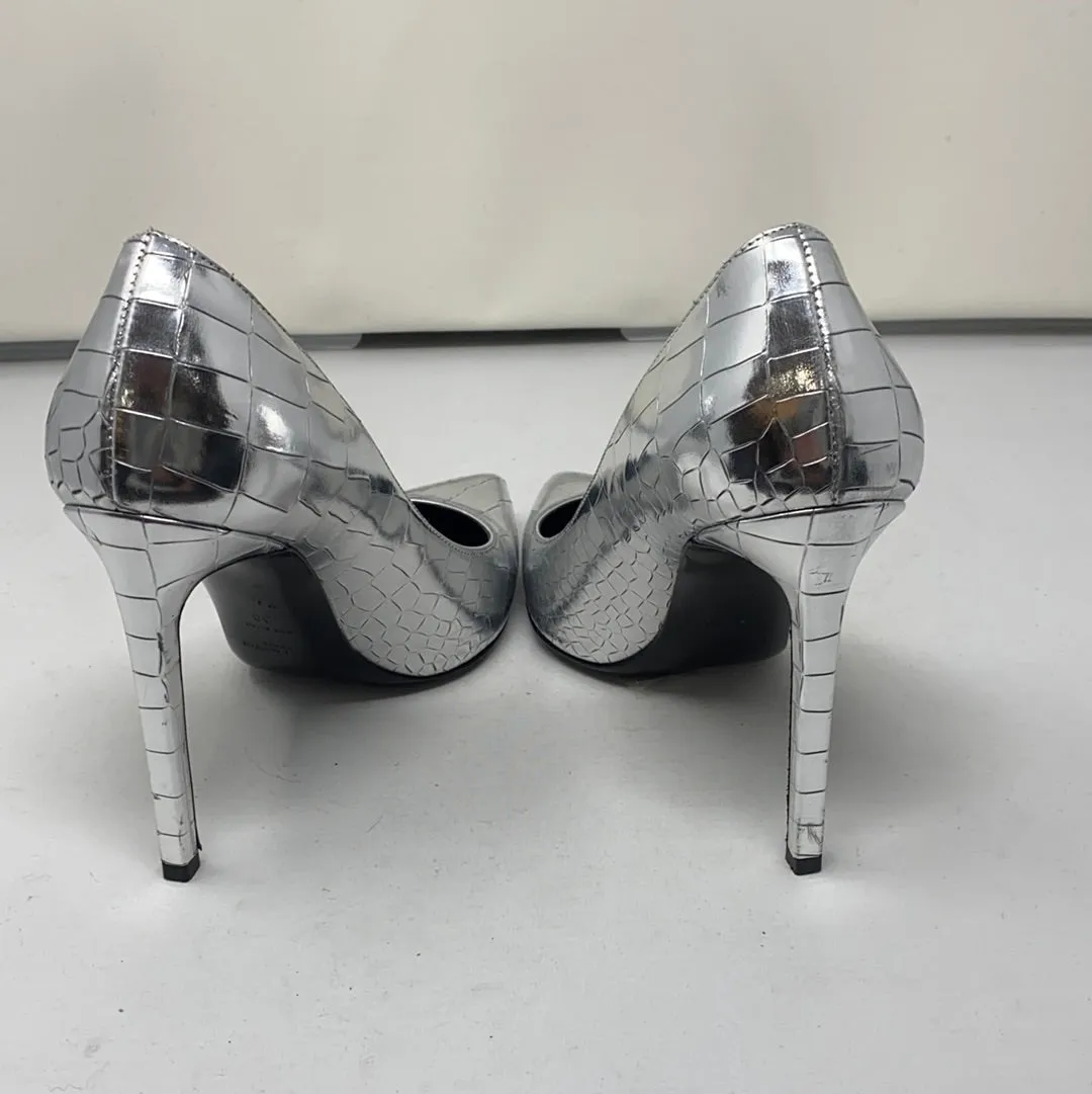 Saint Laurent Silver Metallic Lambskin Croc Embossed Pump