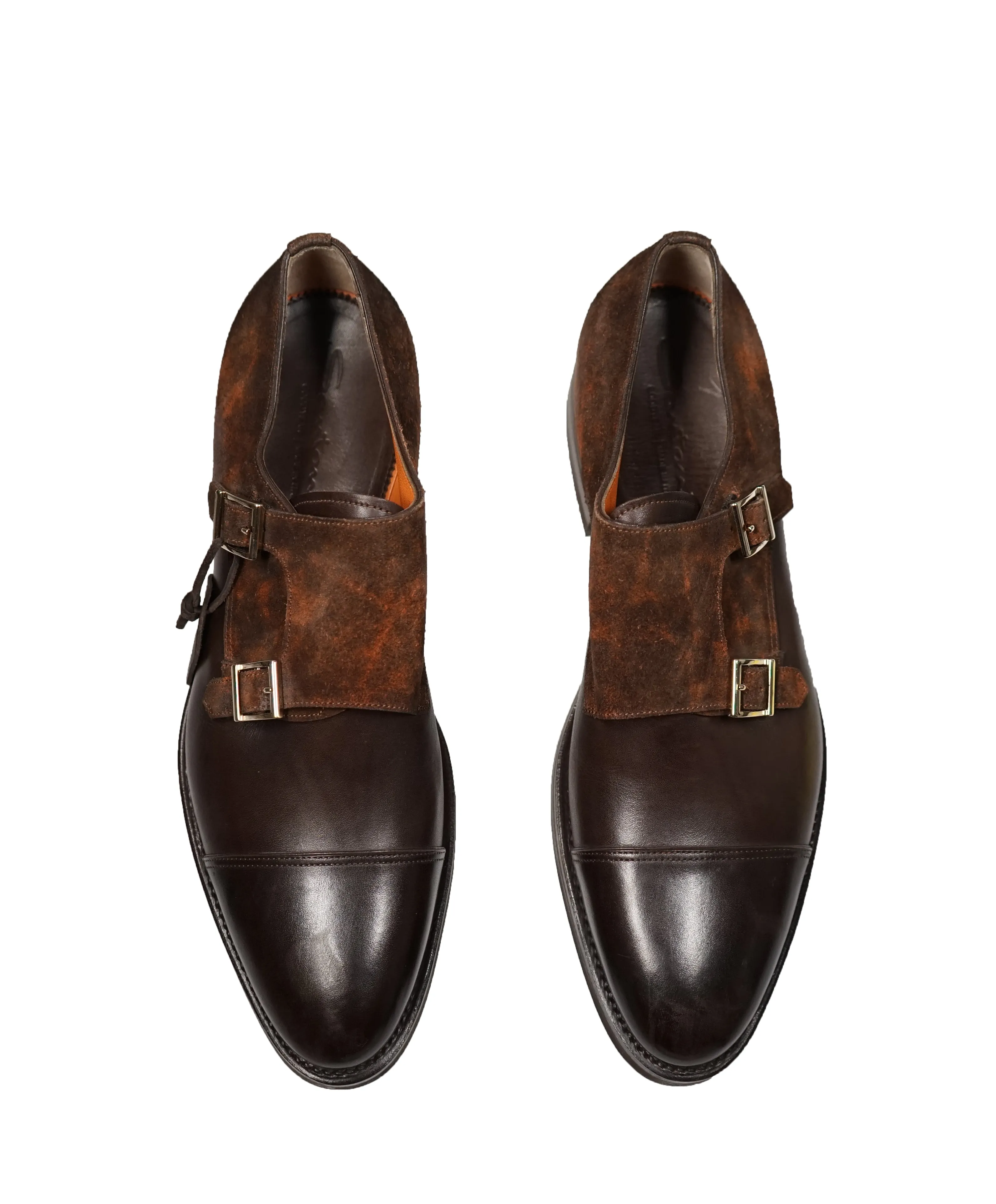 SANTONI - "GOODYEAR WELT” Museum Suede And Leather Monk Strap Loafers - 12