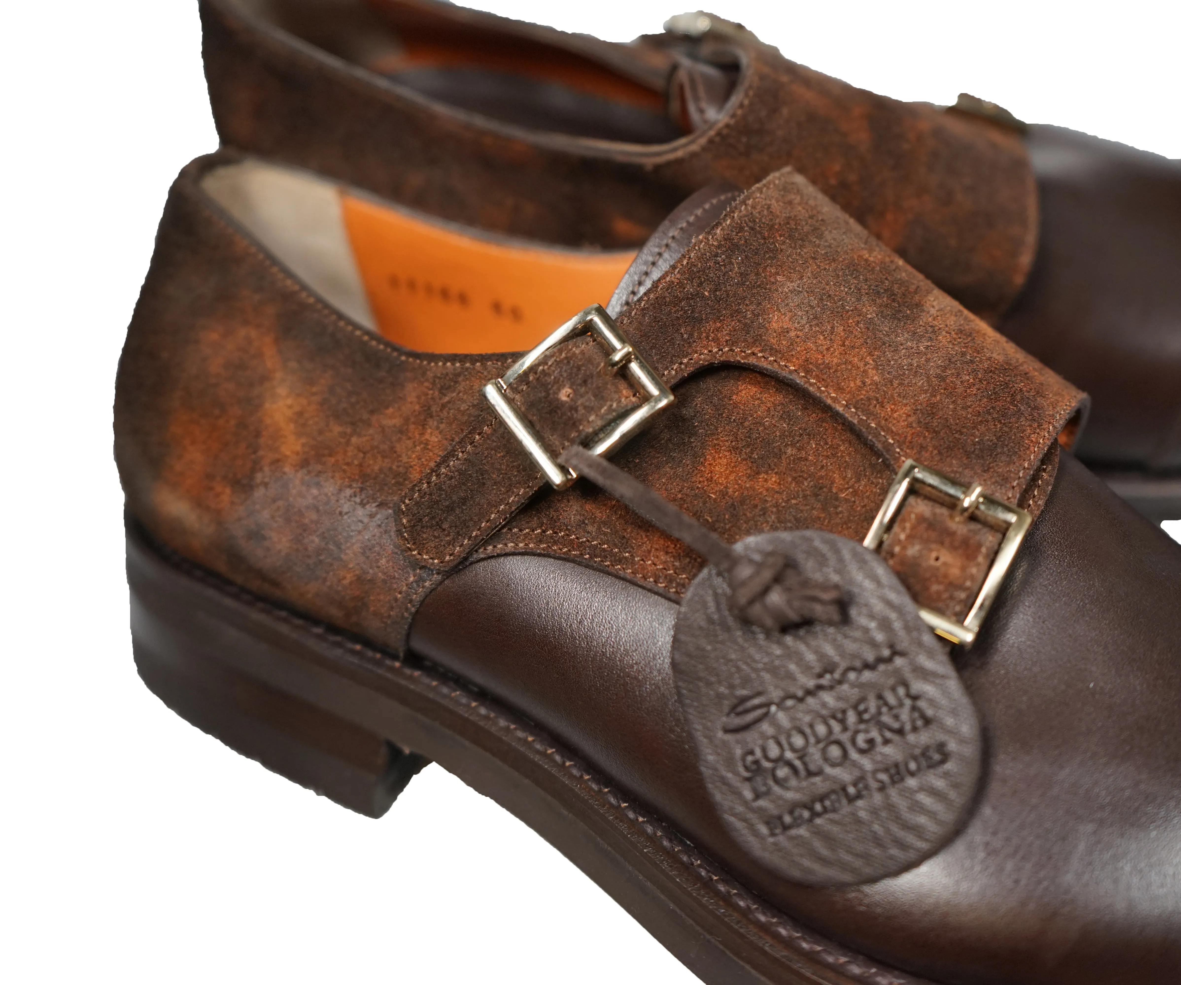 SANTONI - "GOODYEAR WELT” Museum Suede And Leather Monk Strap Loafers - 12