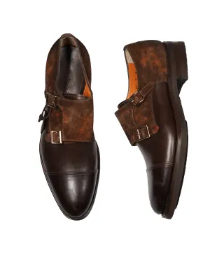 SANTONI - "GOODYEAR WELT” Museum Suede And Leather Monk Strap Loafers - 12