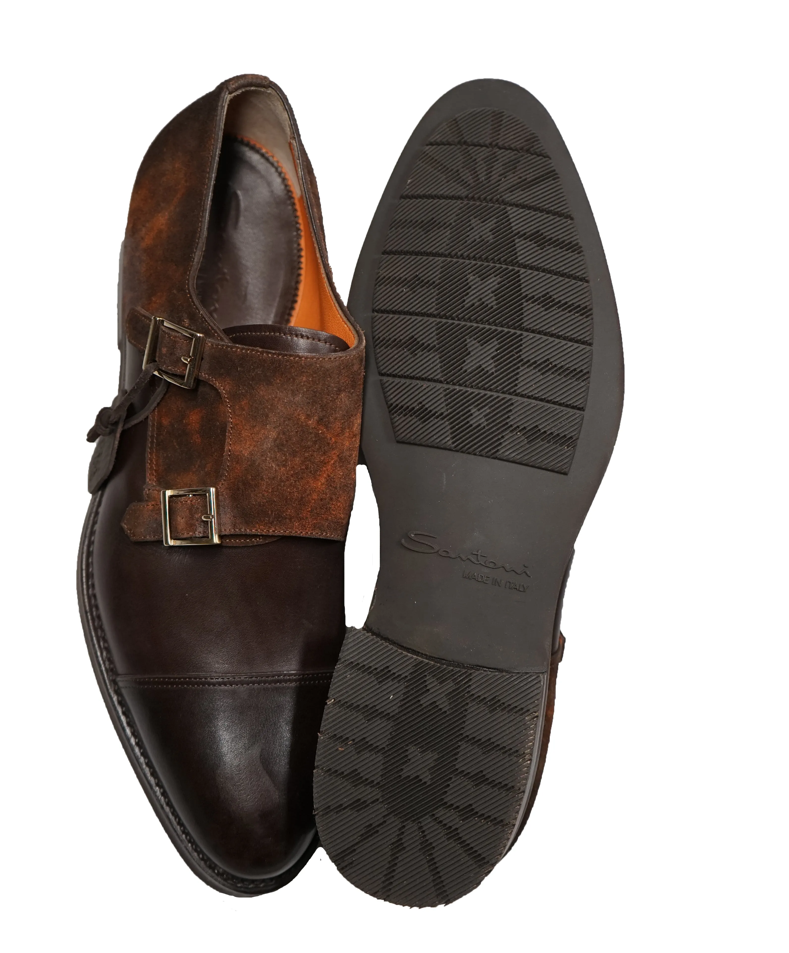 SANTONI - "GOODYEAR WELT” Museum Suede And Leather Monk Strap Loafers - 12