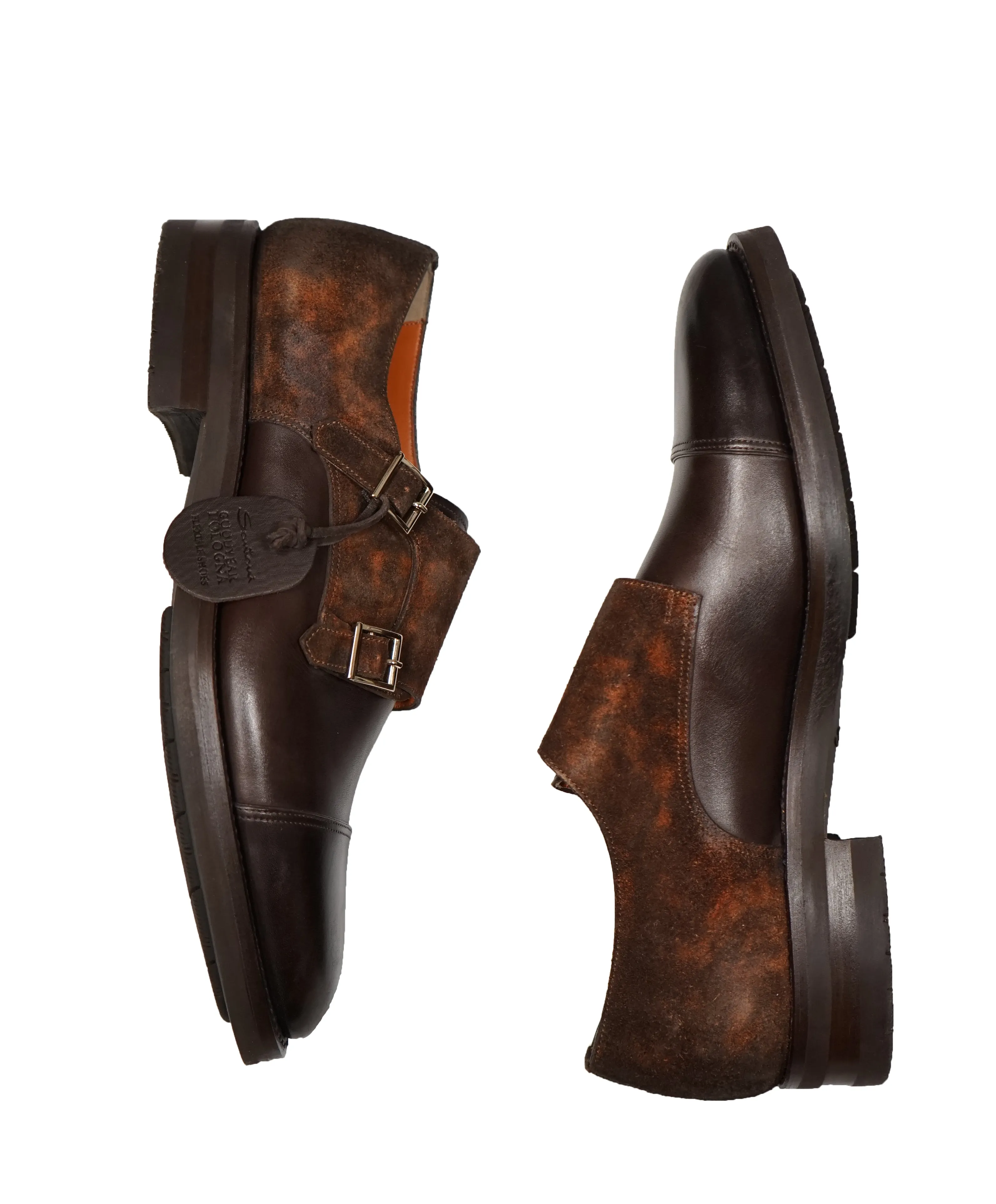 SANTONI - "GOODYEAR WELT” Museum Suede And Leather Monk Strap Loafers - 12