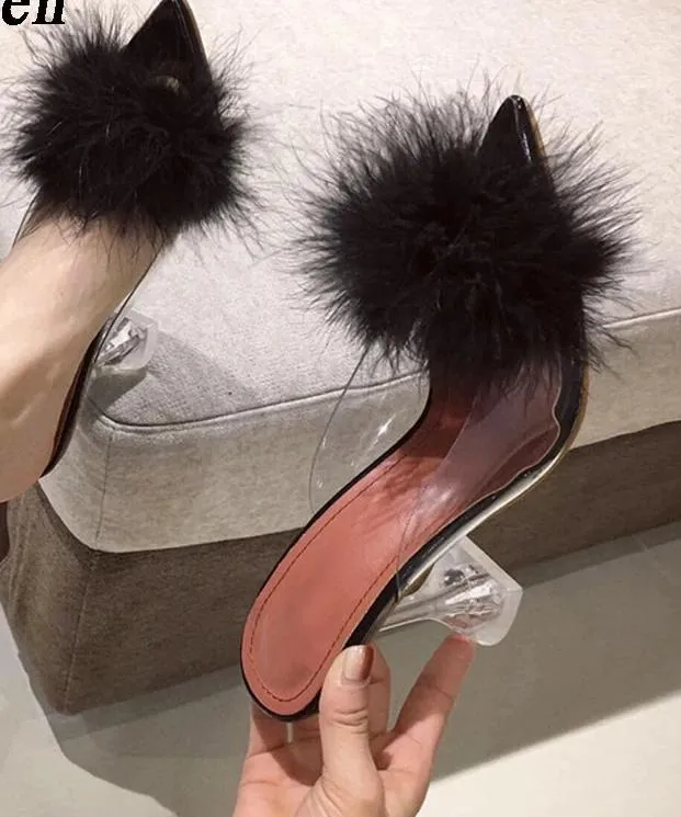 Sasha PVC Transparent Feather Crystal High Heels