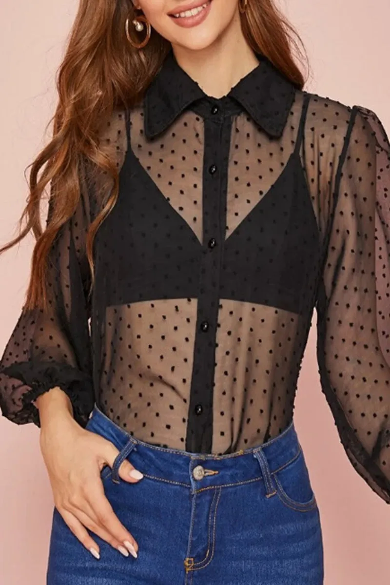 Sexy Polka Dot See-through Turndown Collar Tops