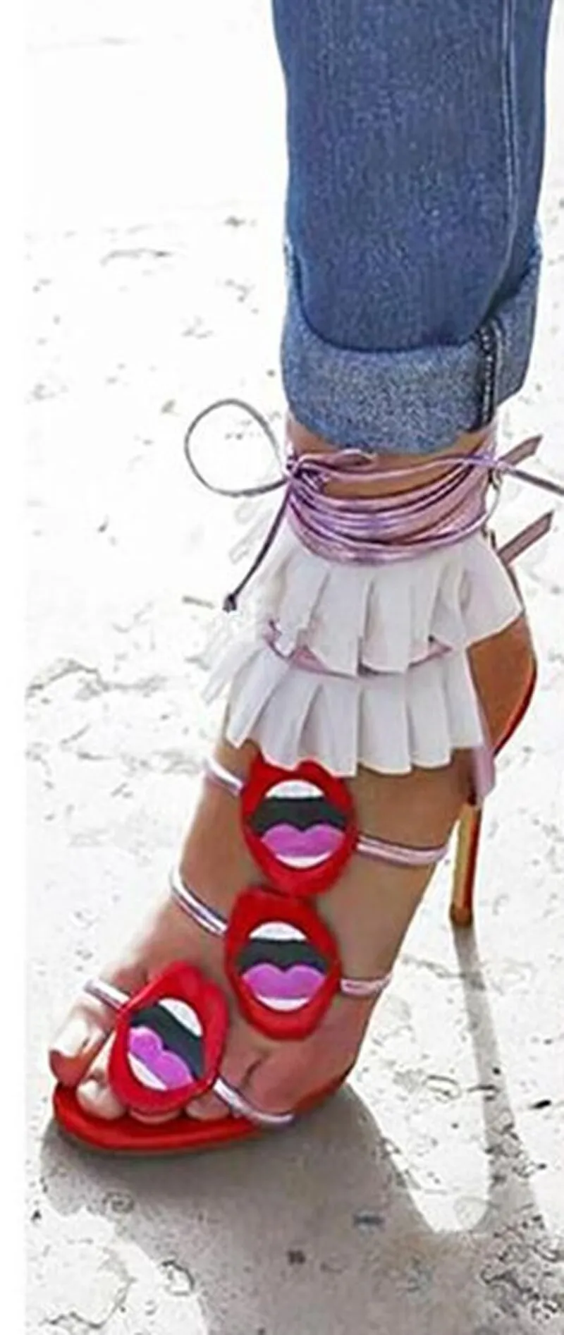 Sexy Red Mouth Embroidery Lacework Sandals Ladies