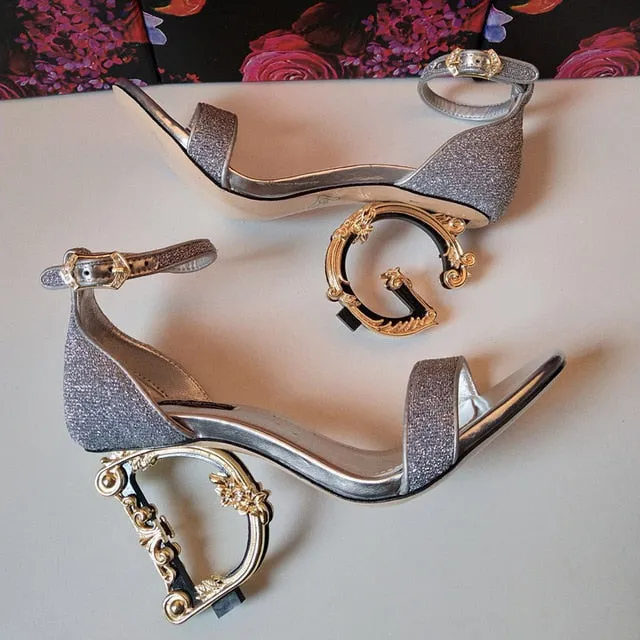 Sexy Womens Clubwear Open Real Leather High Irregular Strange Gold Heels Letter Sandals Shoes Pumps Sequins Bling 7Colors Luxury