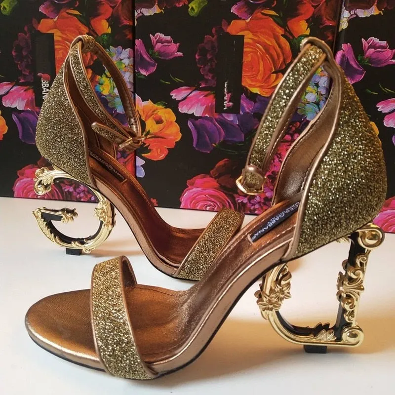 Sexy Womens Clubwear Open Real Leather High Irregular Strange Gold Heels Letter Sandals Shoes Pumps Sequins Bling 7Colors Luxury