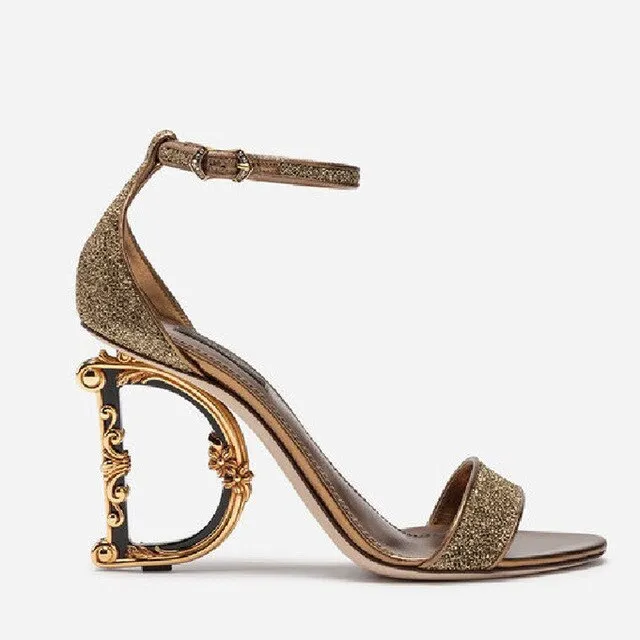Sexy Womens Clubwear Open Real Leather High Irregular Strange Gold Heels Letter Sandals Shoes Pumps Sequins Bling 7Colors Luxury