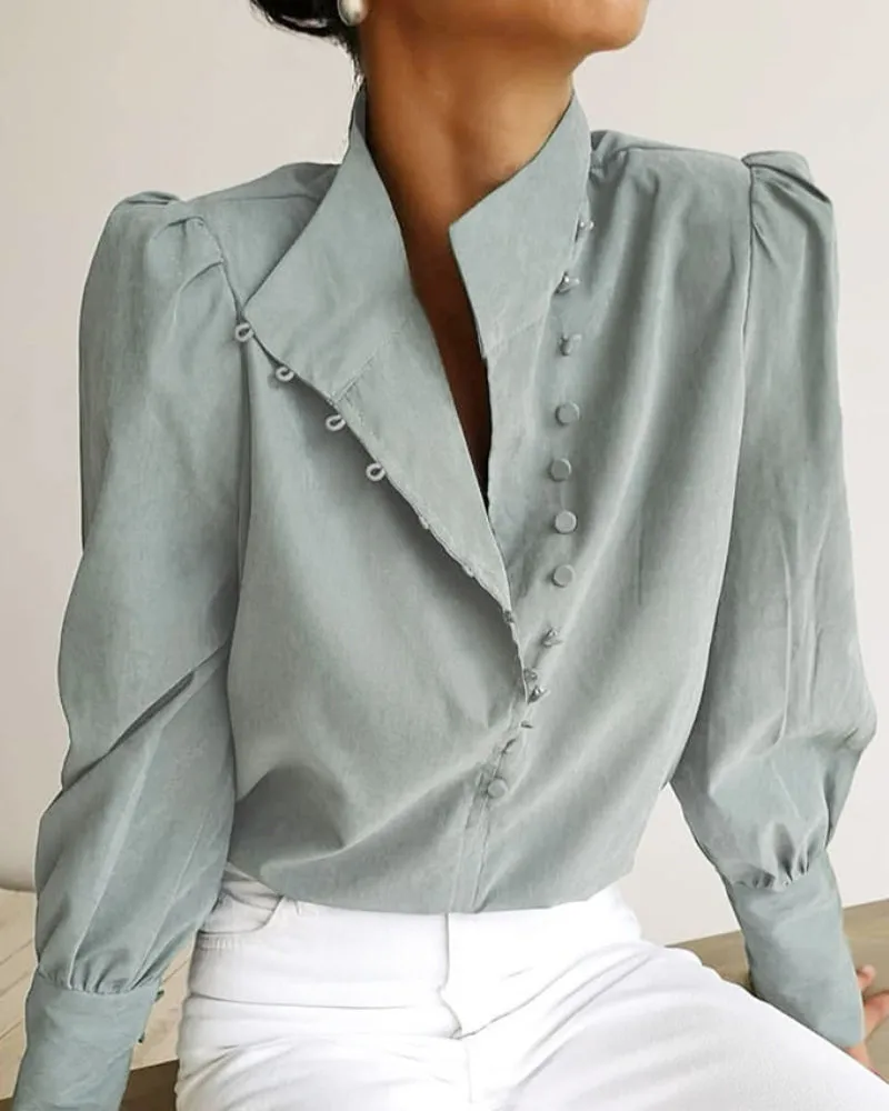 Single-breasted Round Neck Puff Sleeve Mandarin Collar Shirts