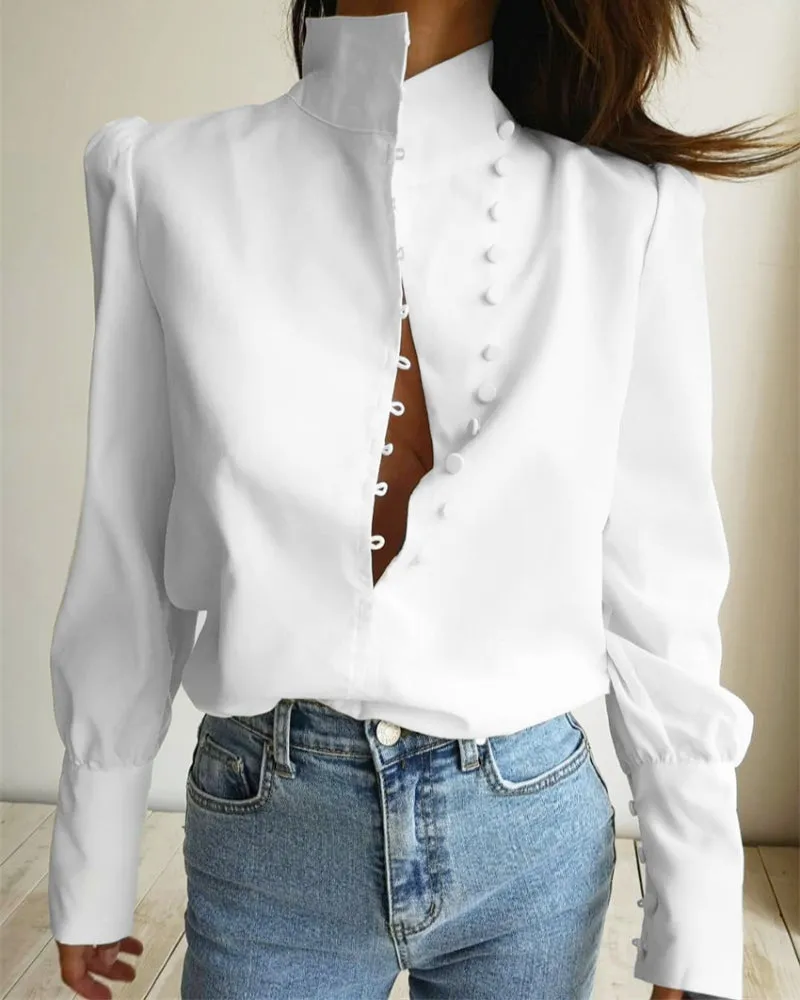 Single-breasted Round Neck Puff Sleeve Mandarin Collar Shirts