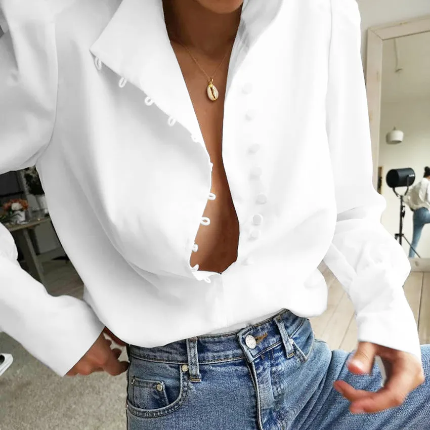 Single-breasted Round Neck Puff Sleeve Mandarin Collar Shirts