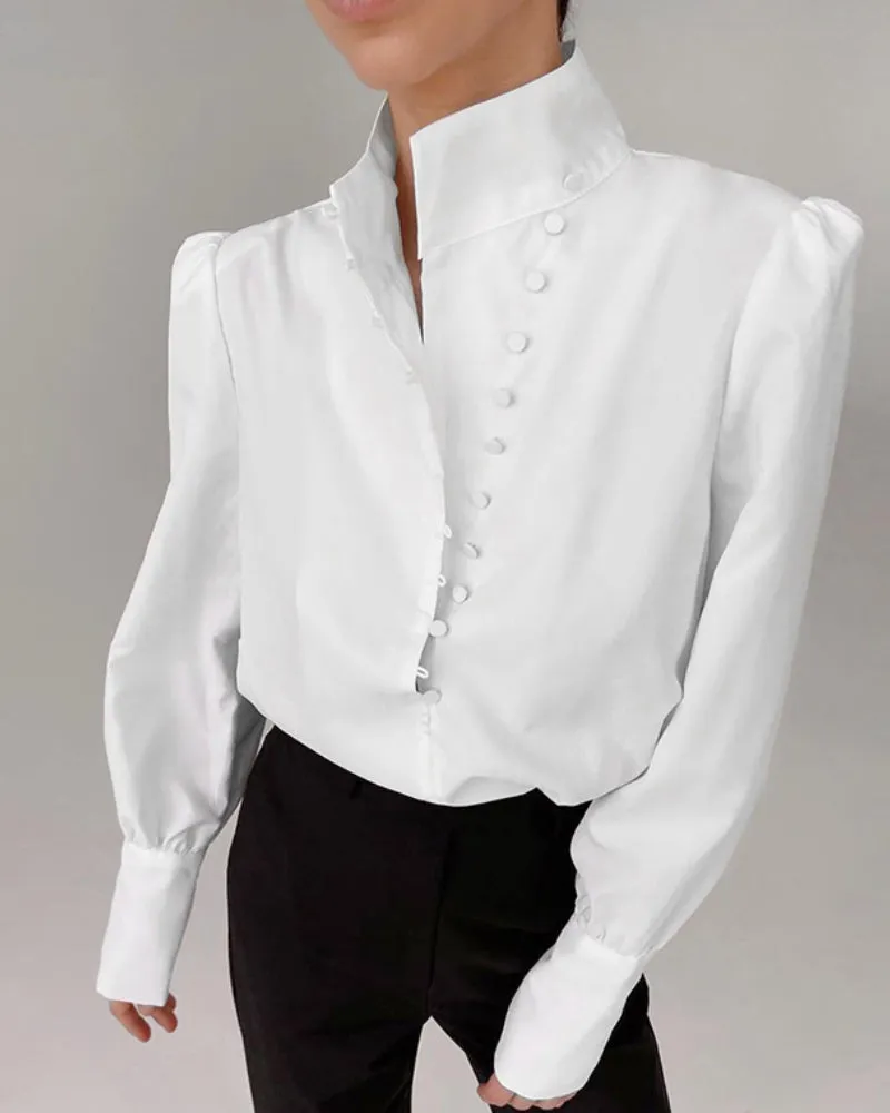 Single-breasted Round Neck Puff Sleeve Mandarin Collar Shirts