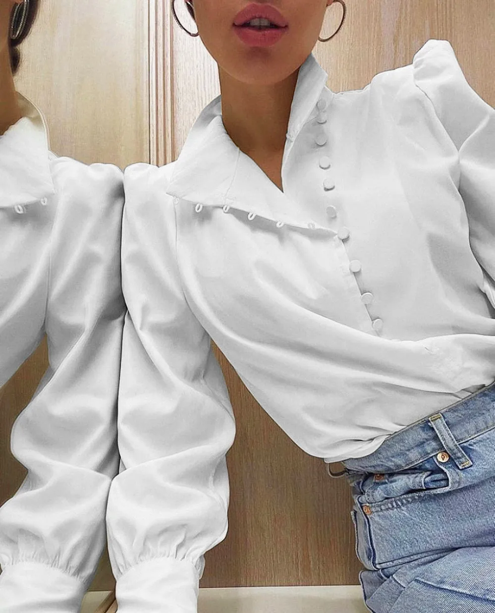 Single-breasted Round Neck Puff Sleeve Mandarin Collar Shirts