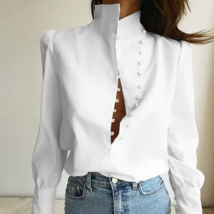 Single-breasted Round Neck Puff Sleeve Mandarin Collar Shirts