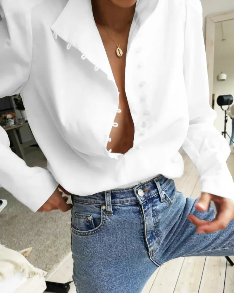Single-breasted Round Neck Puff Sleeve Mandarin Collar Shirts