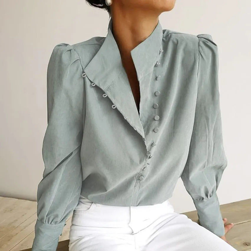 Single-breasted Round Neck Puff Sleeve Mandarin Collar Shirts